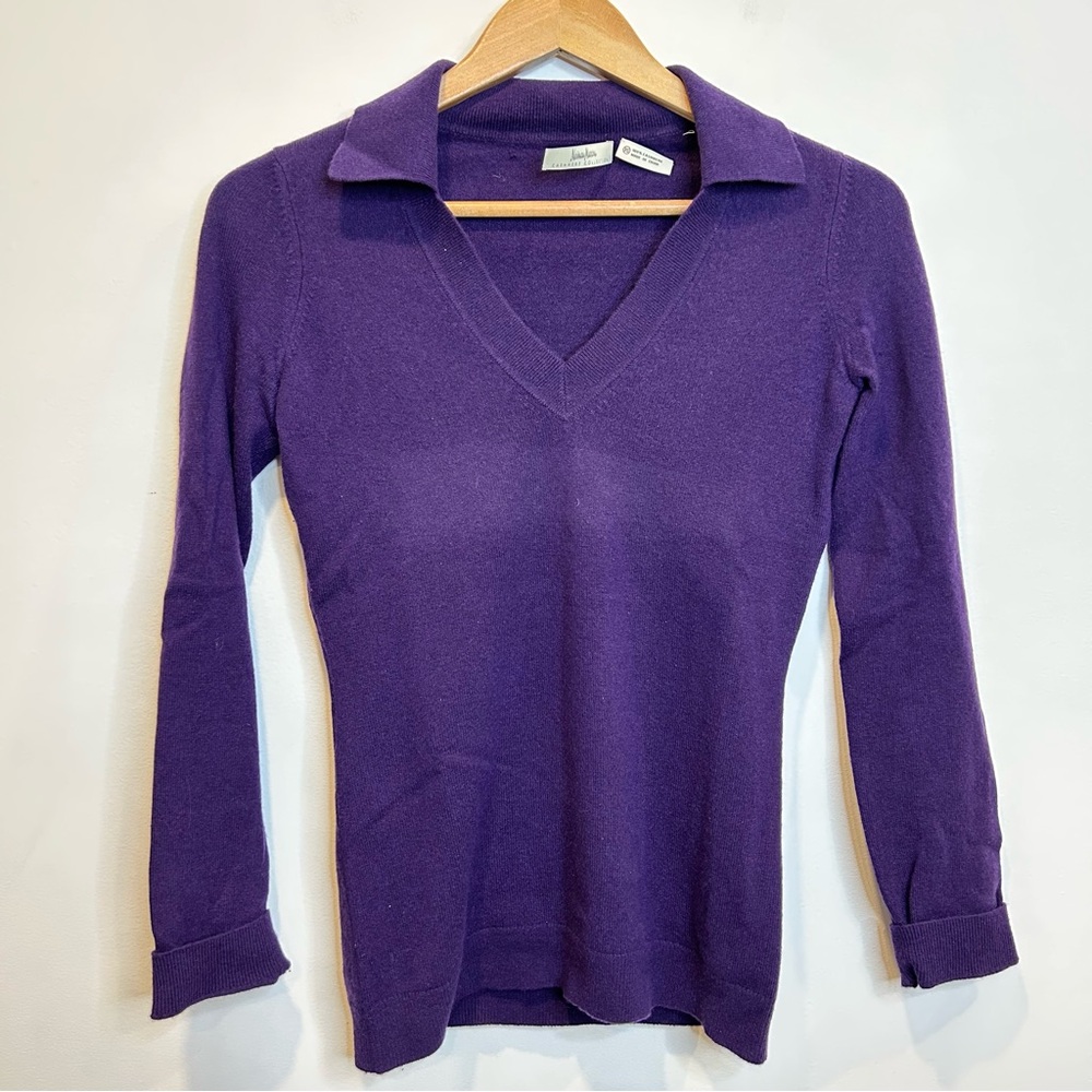 Neiman Marcus Cashmere Collared V-Neck Sweater Purple